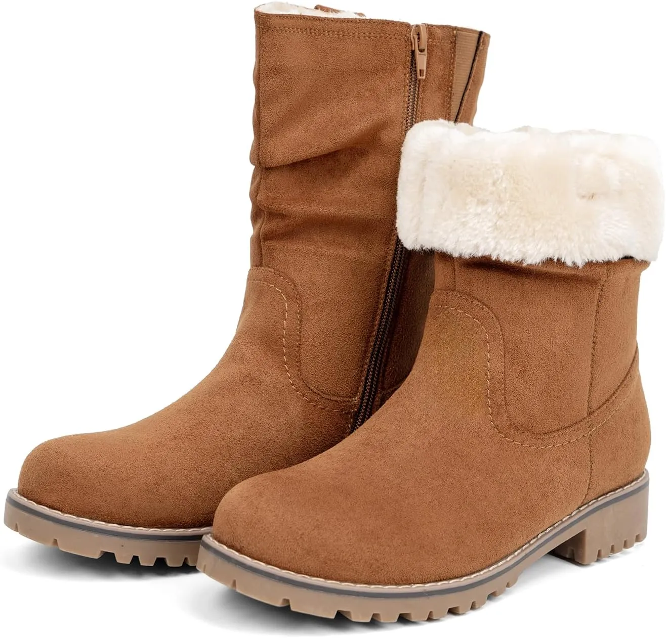 VJH confort Women's Mid Calf Boots Slouchy Riding Combat Low Heel Fur Lined Winter Zipper Booties