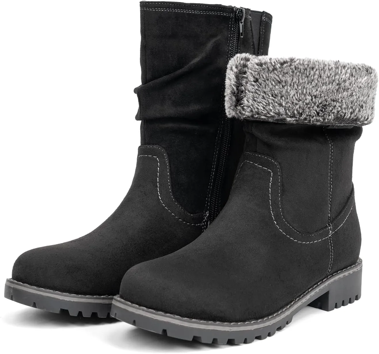 VJH confort Women's Mid Calf Boots Slouchy Riding Combat Low Heel Fur Lined Winter Zipper Booties