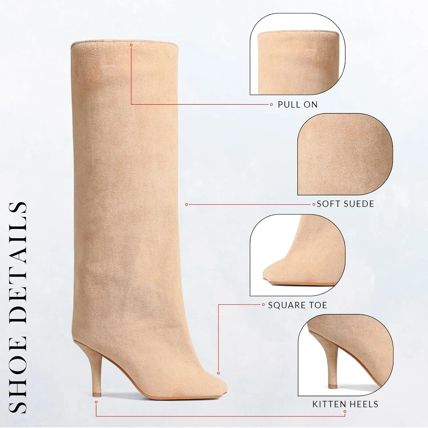 VOMIRA Women's Knee High Nude Suede Wide Calf Square Toe Stiletto Fall Winter Pull On High Heel Long Ladies Fashion Dress Tall Slouchy Boots