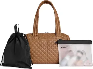 VOORAY Alana Duffel Bag – Quilted Tan, Lightweight Travel Duffel Bag for Women with Laptop Sleeve, Ideal Weekender for Women