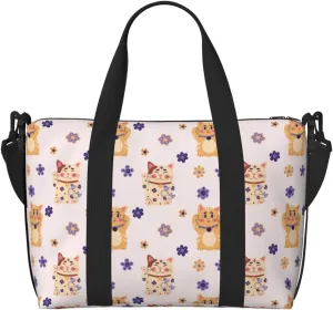 VOSERY Laptop Tote Bag for Women Work - Cute Lucky Cat Flowers Gym Bag for Women Men, Personal Item Crossbody Travel Bags for Women Men Carry On, Overnight Weekender Bags for Women Travel