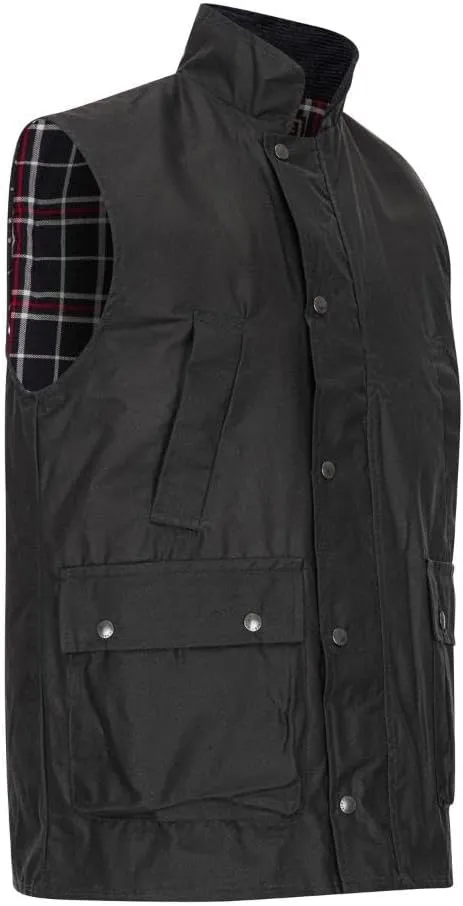 Walker and Hawkes Wax Winchester Gilet for Men – Water-Resistant Wax Cotton Bodywarmer with Corduroy Collar and Tartan Lining