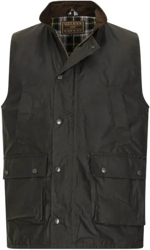 Walker and Hawkes Wax Winchester Gilet for Men – Water-Resistant Wax Cotton Bodywarmer with Corduroy Collar and Tartan Lining