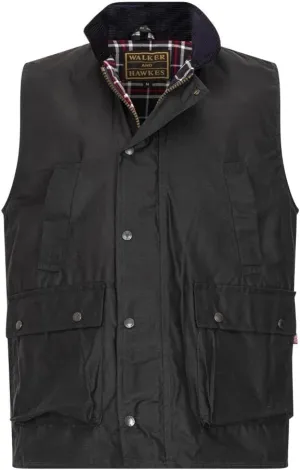 Walker and Hawkes Wax Winchester Gilet for Men – Water-Resistant Wax Cotton Bodywarmer with Corduroy Collar and Tartan Lining