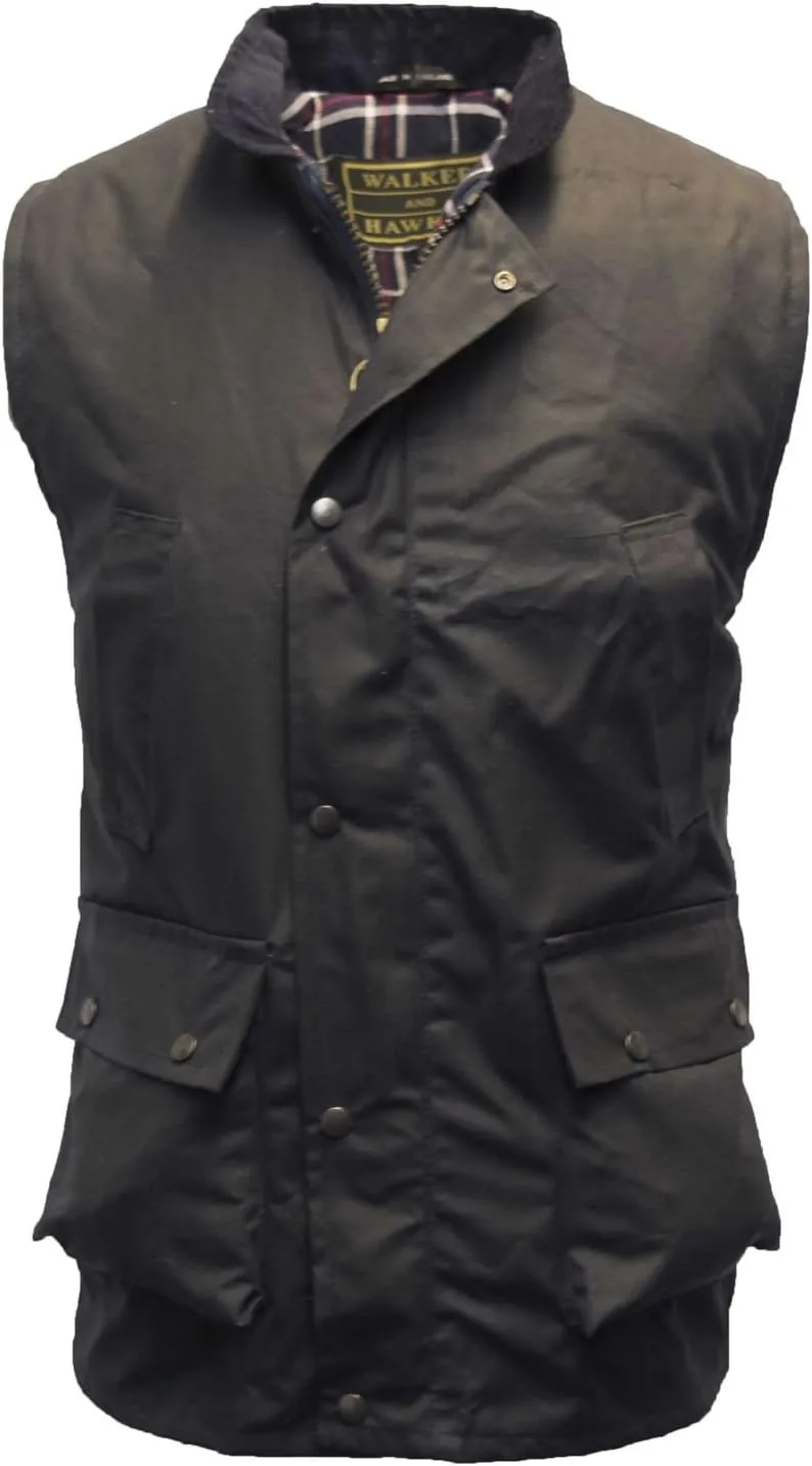 Walker and Hawkes Wax Winchester Gilet for Men – Water-Resistant Wax Cotton Bodywarmer with Corduroy Collar and Tartan Lining