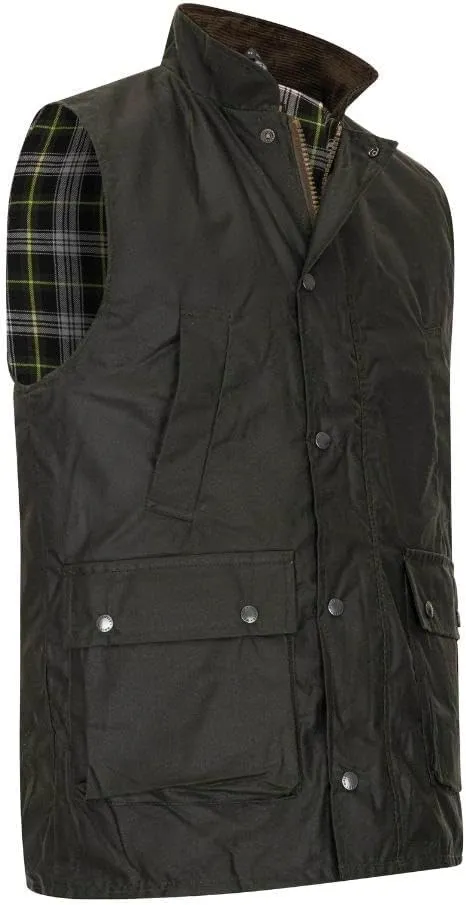 Walker and Hawkes Wax Winchester Gilet for Men – Water-Resistant Wax Cotton Bodywarmer with Corduroy Collar and Tartan Lining