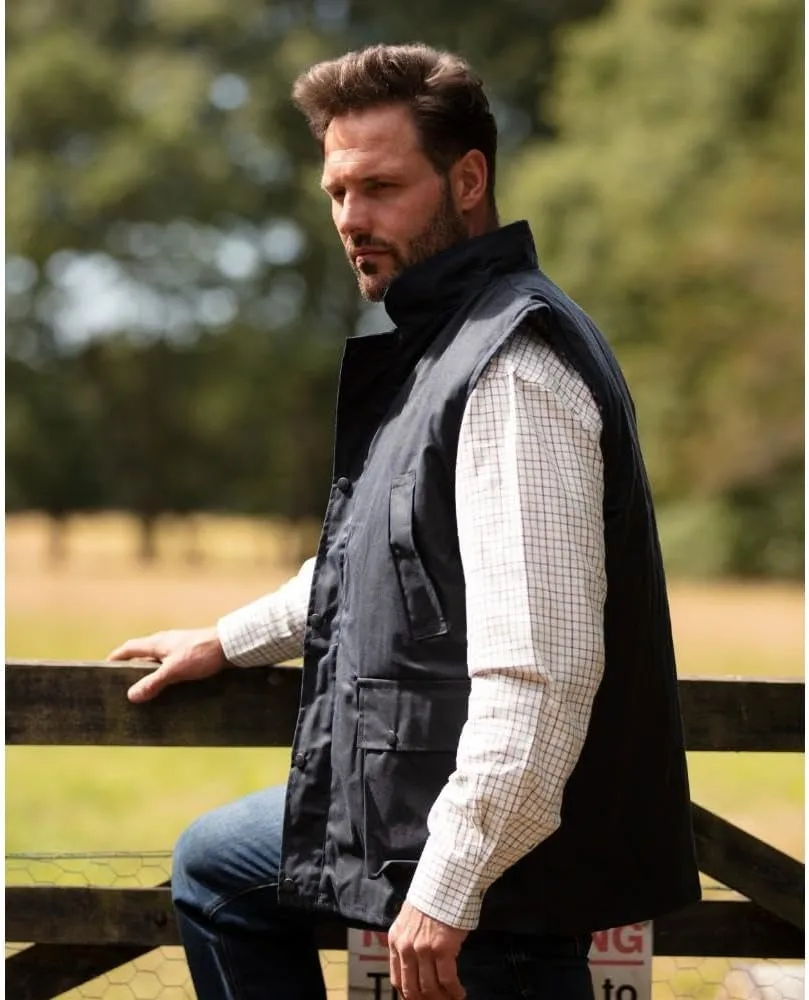 Walker and Hawkes Wax Winchester Gilet for Men – Water-Resistant Wax Cotton Bodywarmer with Corduroy Collar and Tartan Lining