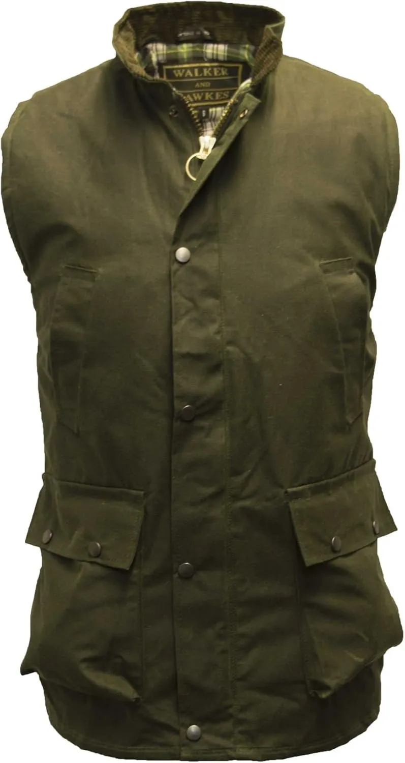Walker and Hawkes Wax Winchester Gilet for Men – Water-Resistant Wax Cotton Bodywarmer with Corduroy Collar and Tartan Lining