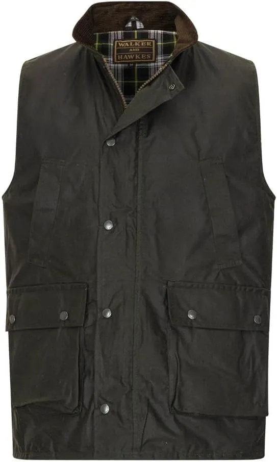 Walker and Hawkes Wax Winchester Gilet for Men – Water-Resistant Wax Cotton Bodywarmer with Corduroy Collar and Tartan Lining