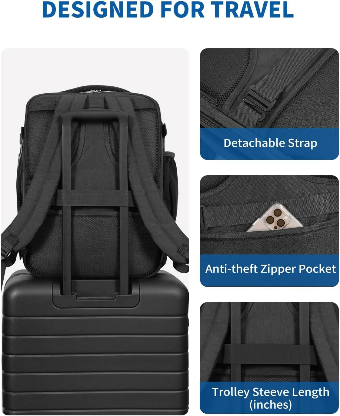 WANDF Expandable 17 Inch Laptop Travel Backpack For Spirit Airlines Personal Item Bag 18x14x8 with Wet Pocket for Men Women（Black）