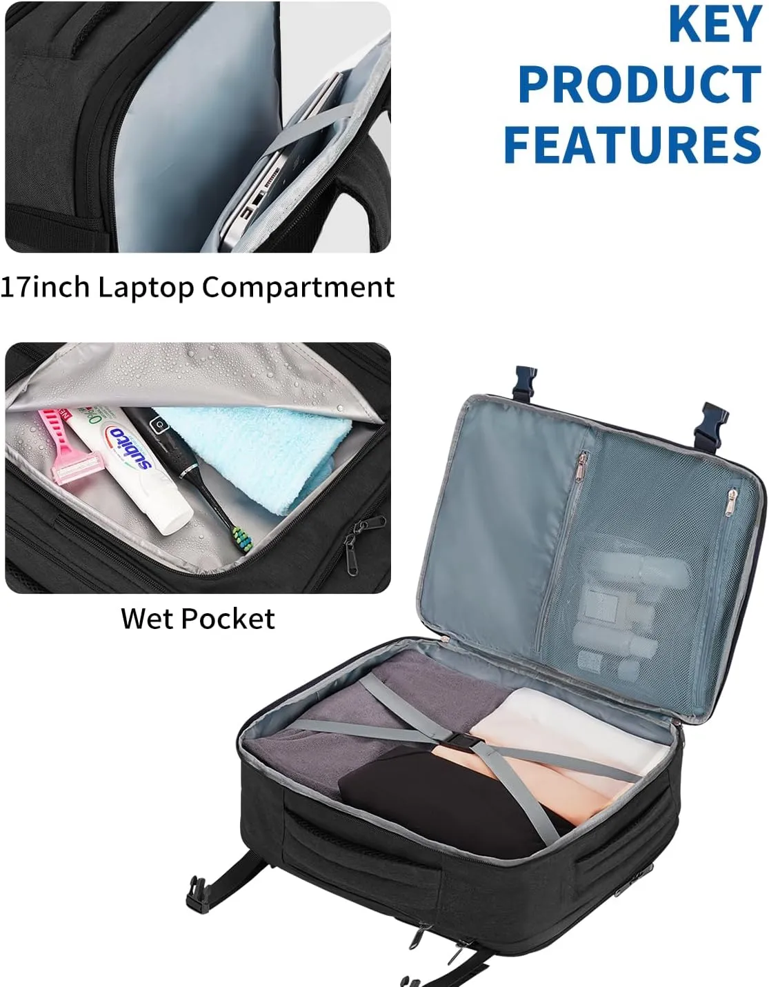WANDF Expandable 17 Inch Laptop Travel Backpack For Spirit Airlines Personal Item Bag 18x14x8 with Wet Pocket for Men Women（Black）