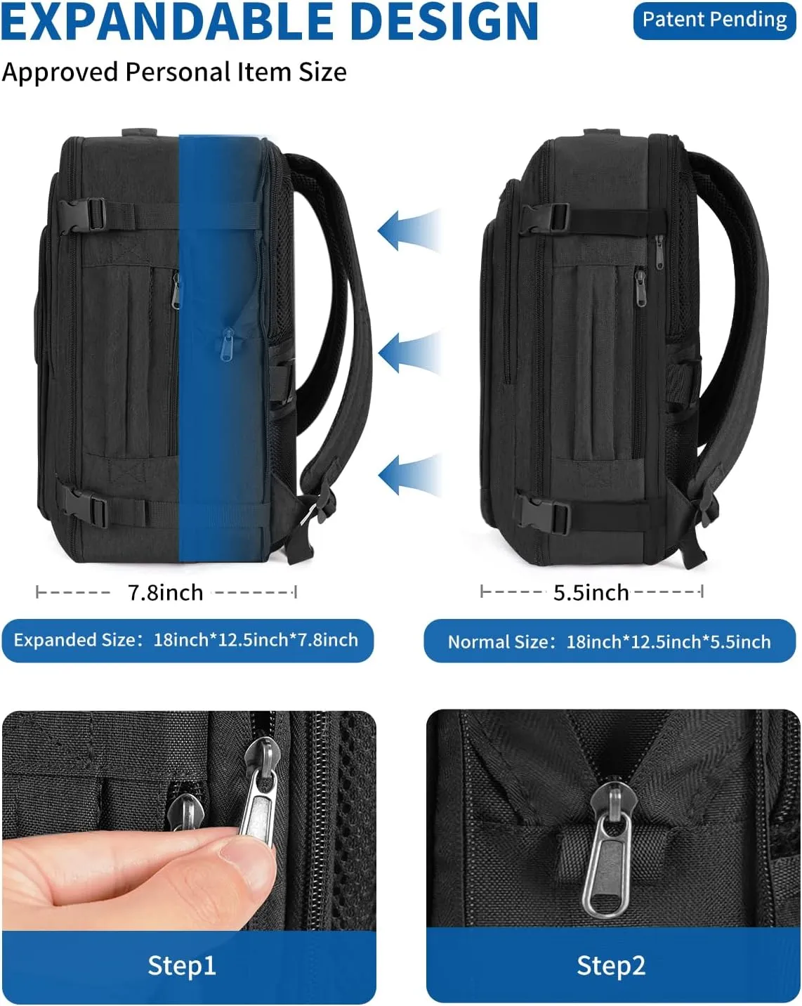 WANDF Expandable 17 Inch Laptop Travel Backpack For Spirit Airlines Personal Item Bag 18x14x8 with Wet Pocket for Men Women（Black）