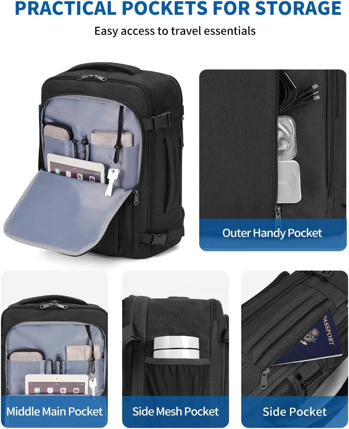 WANDF Expandable 17 Inch Laptop Travel Backpack For Spirit Airlines Personal Item Bag 18x14x8 with Wet Pocket for Men Women（Black）