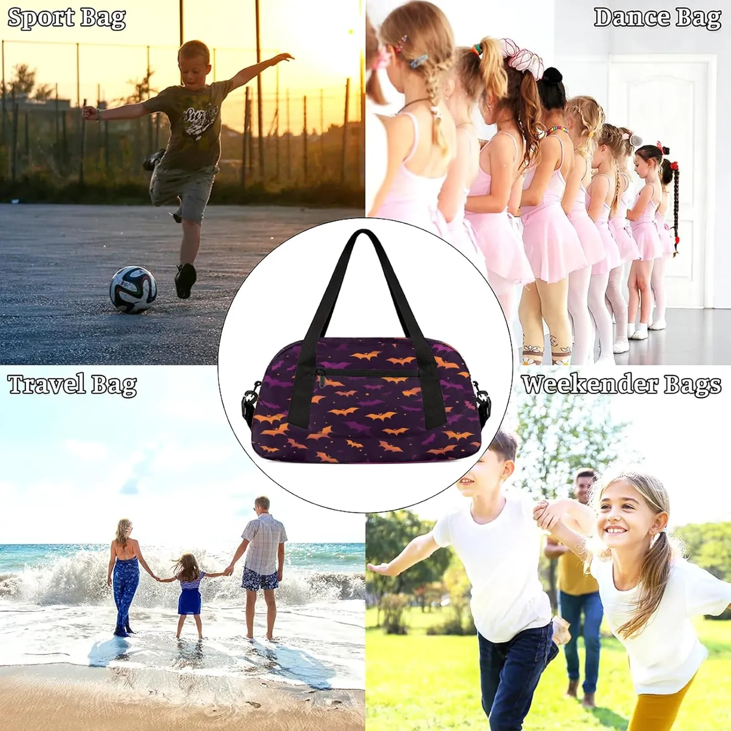 Watercolor Bats Halloween Pattern Kids Duffel Bag Lightweight Waterproof Sports Gym Bag with Front Zipper Pocket Foldable Weekender Overnight Bag for School Practice Gymnastic Ballet