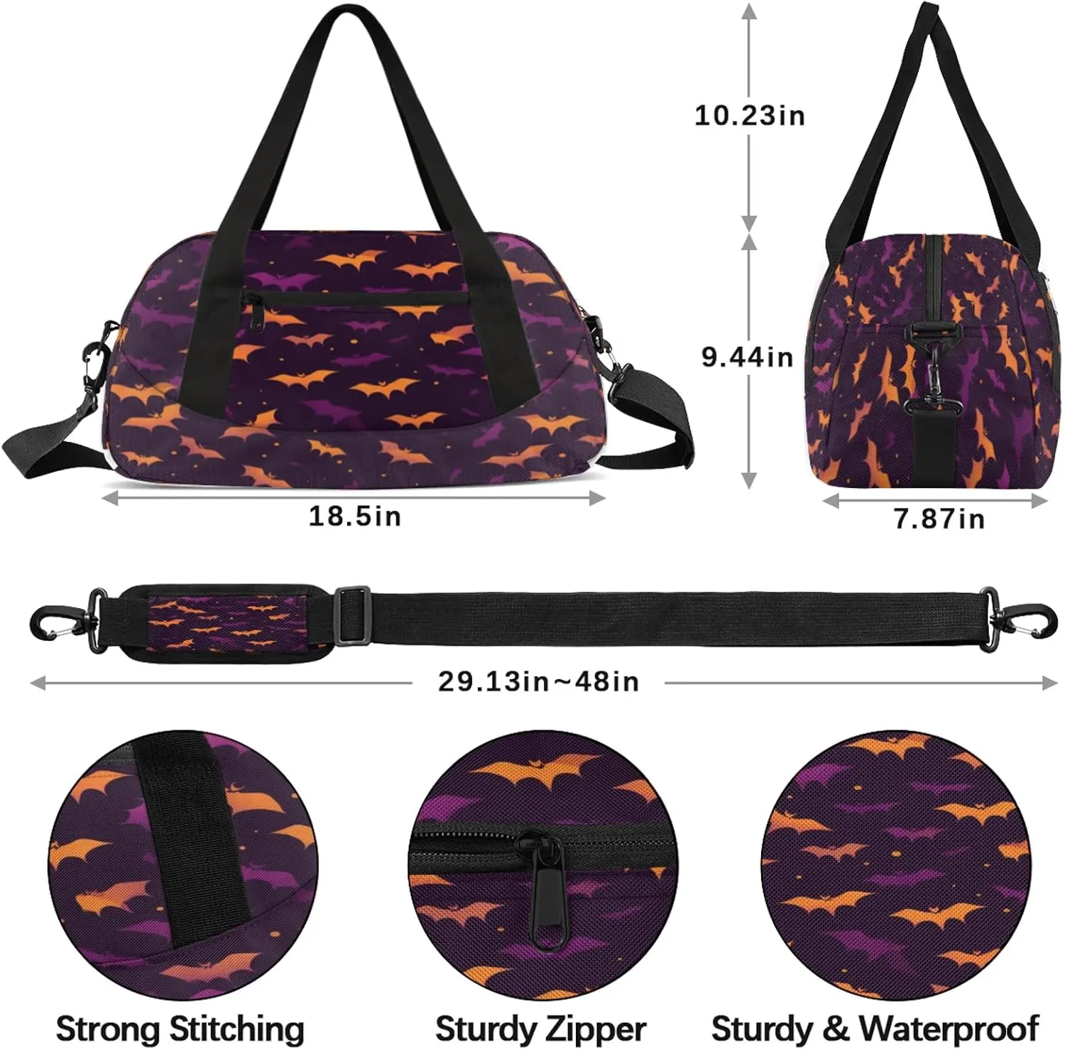 Watercolor Bats Halloween Pattern Kids Duffel Bag Lightweight Waterproof Sports Gym Bag with Front Zipper Pocket Foldable Weekender Overnight Bag for School Practice Gymnastic Ballet