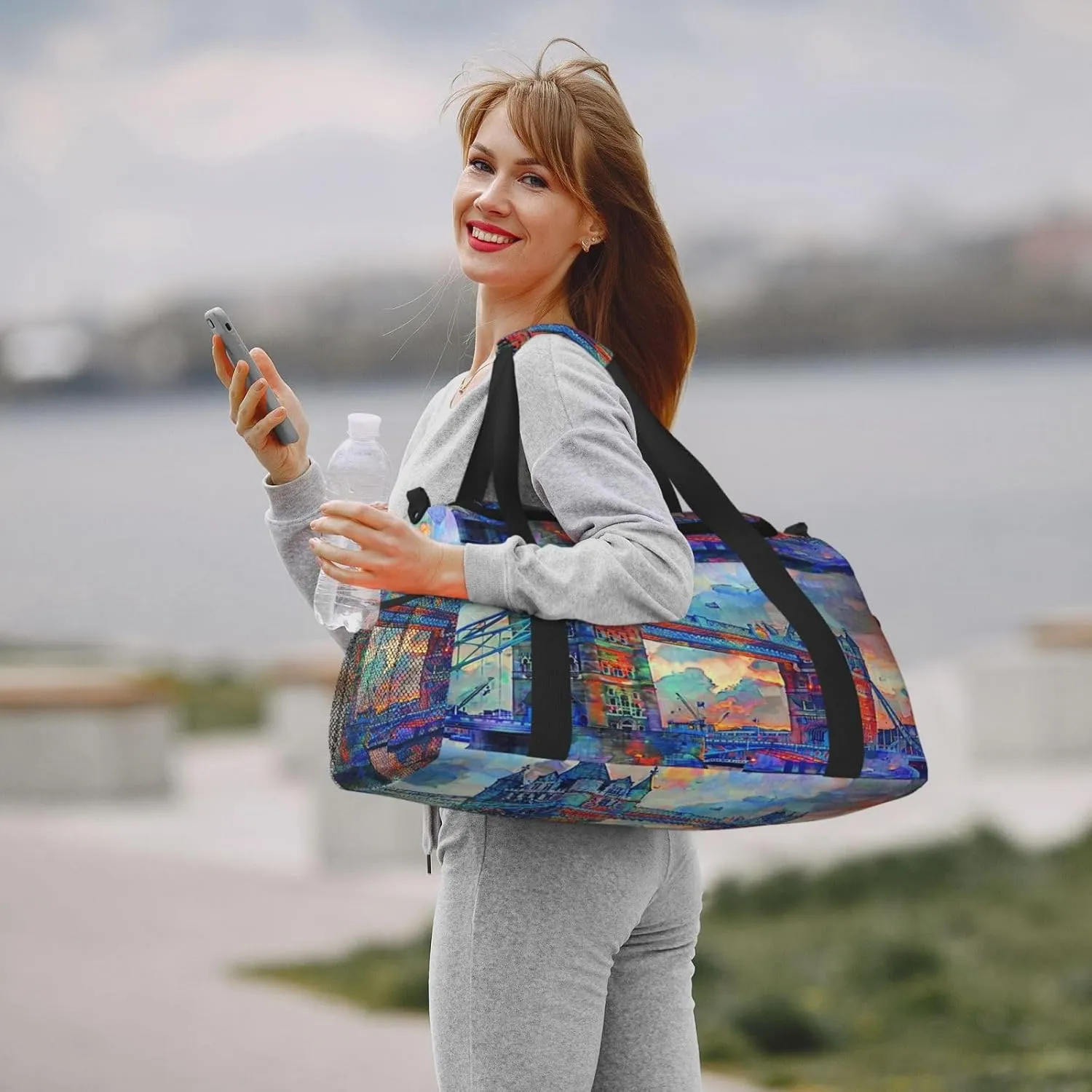 Watercolor London Bridge Travel Duffel Bag with Strap Multi Pockets Sports Bag Handbag Large Shoulder Bag for Gym Weekend Fitness Camping
