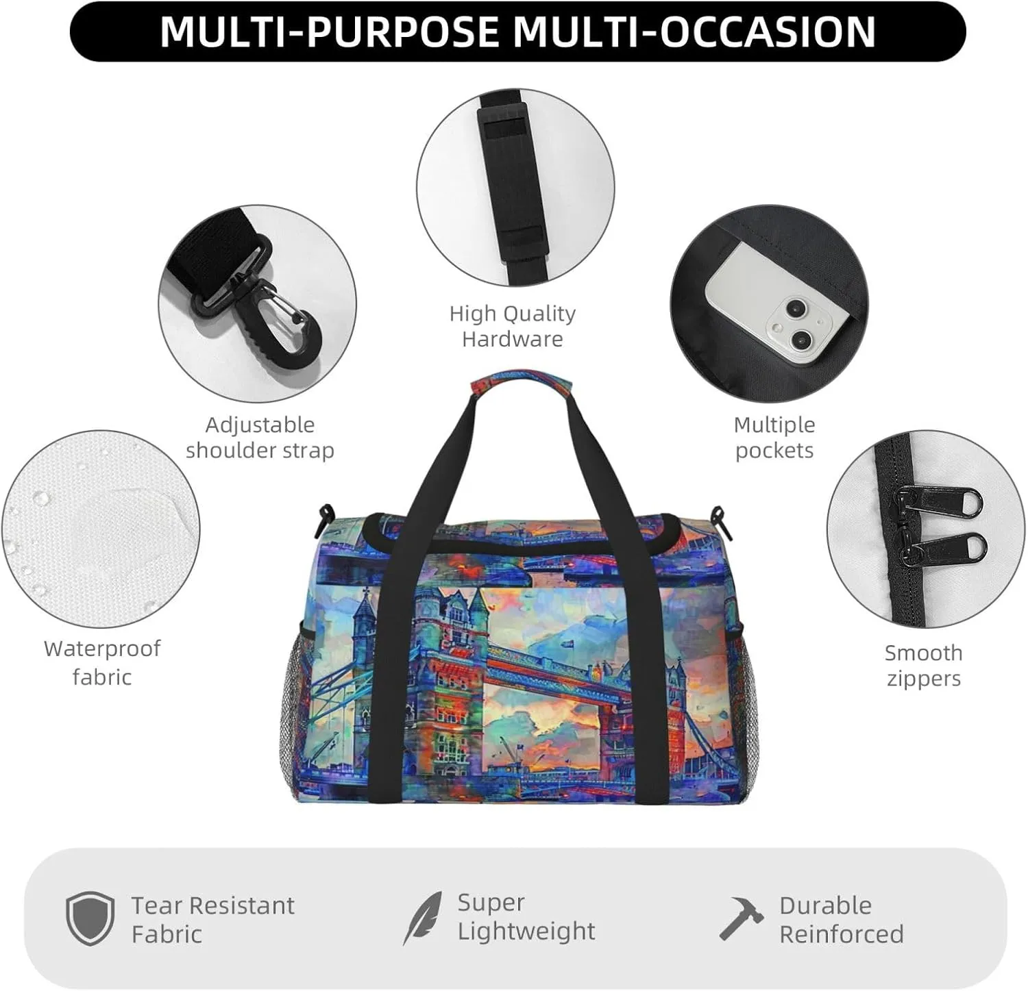 Watercolor London Bridge Travel Duffel Bag with Strap Multi Pockets Sports Bag Handbag Large Shoulder Bag for Gym Weekend Fitness Camping