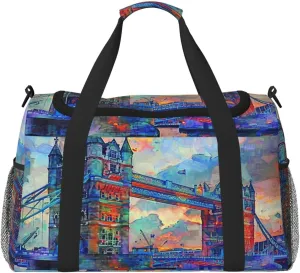 Watercolor London Bridge Travel Duffel Bag with Strap Multi Pockets Sports Bag Handbag Large Shoulder Bag for Gym Weekend Fitness Camping