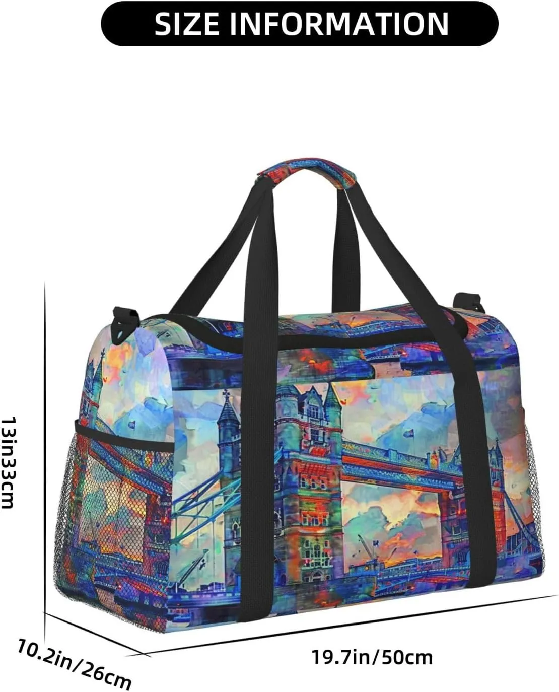 Watercolor London Bridge Travel Duffel Bag with Strap Multi Pockets Sports Bag Handbag Large Shoulder Bag for Gym Weekend Fitness Camping