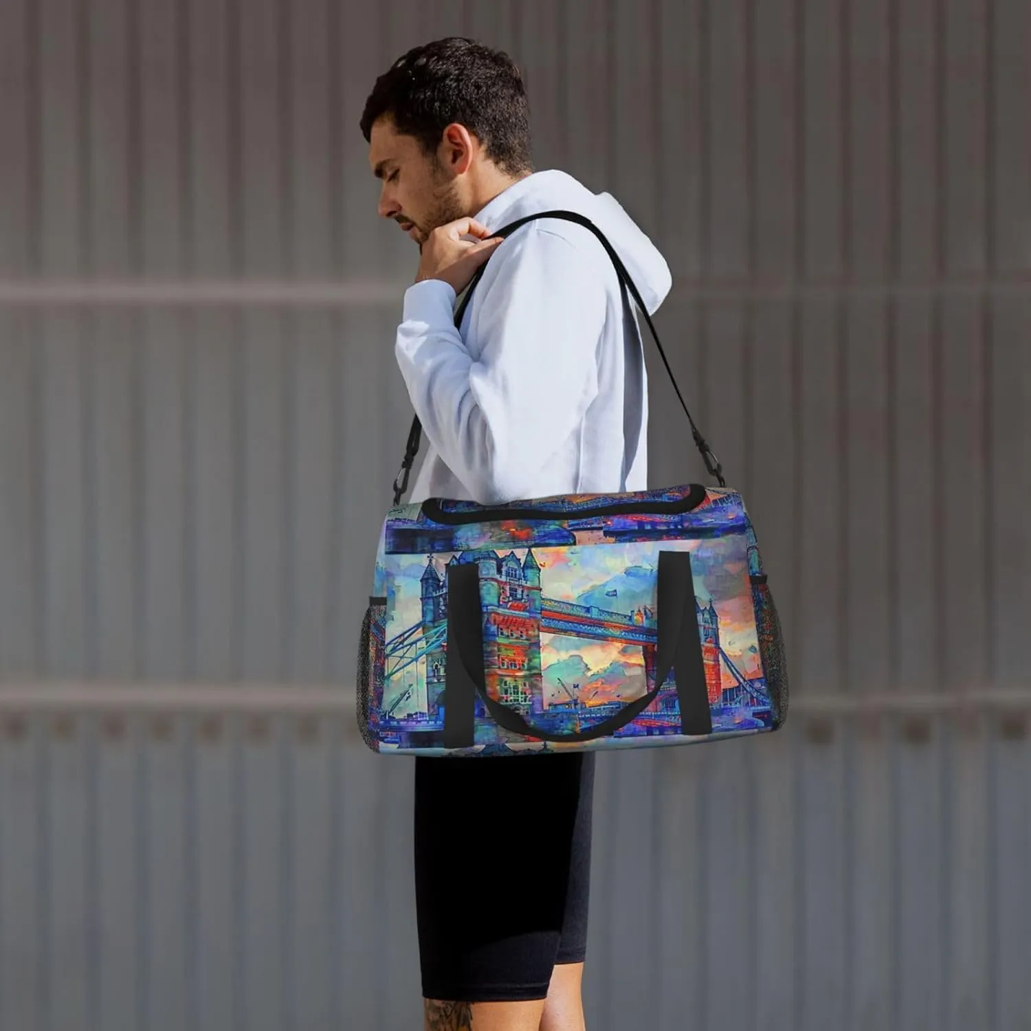 Watercolor London Bridge Travel Duffel Bag with Strap Multi Pockets Sports Bag Handbag Large Shoulder Bag for Gym Weekend Fitness Camping