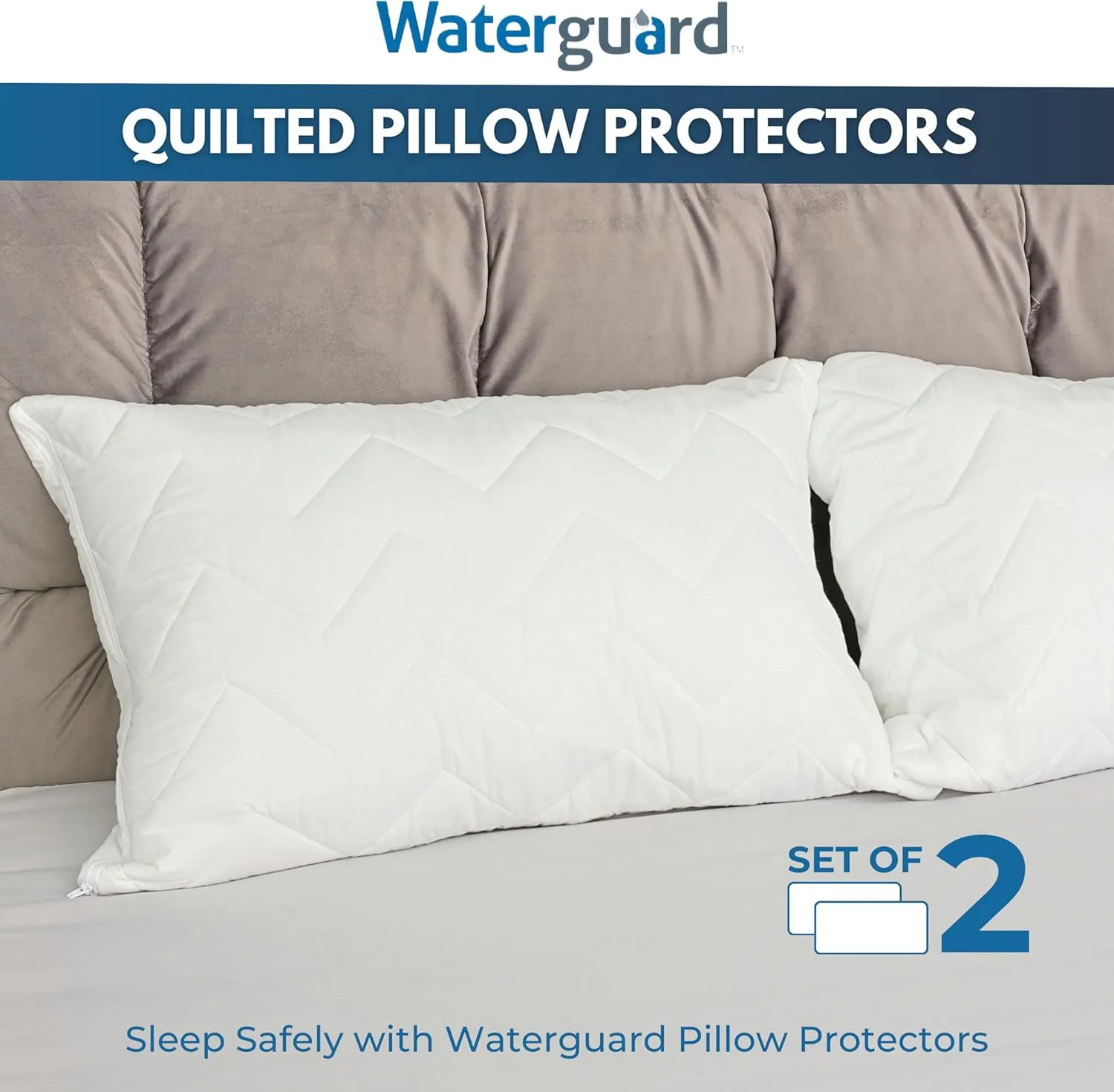 Waterguard Quilted Pillow Protector - Waterproof and Bed Bug Proof Standard Size Zippered Pillow Protector - Luxury Designed Pillowcases Protects Pillows from Dirt, Dust Mites, Stains, & Spills