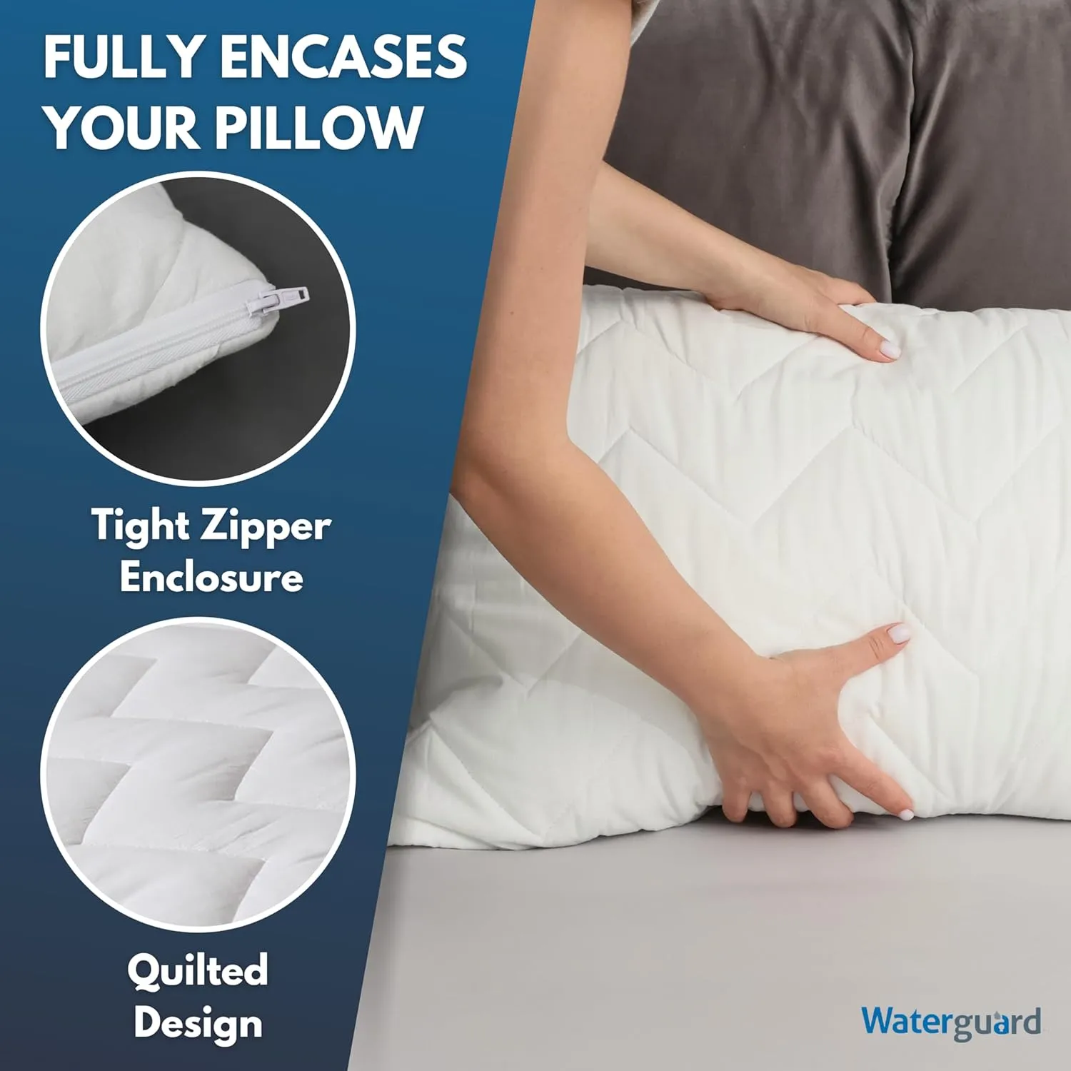 Waterguard Quilted Pillow Protector - Waterproof and Bed Bug Proof Standard Size Zippered Pillow Protector - Luxury Designed Pillowcases Protects Pillows from Dirt, Dust Mites, Stains, & Spills