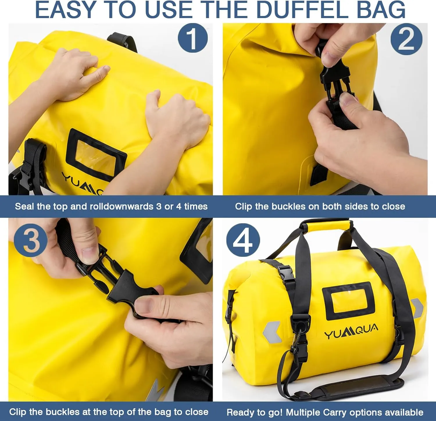 Waterproof Duffel Bag, Large Duffle Bag for Travel Heavy Duty Dry Bag with Durable Strap & Handle for Outdoor Motorcycle Boating Rafting Kayaking Paddleboarding, 40L Capacity after Fold Yellow