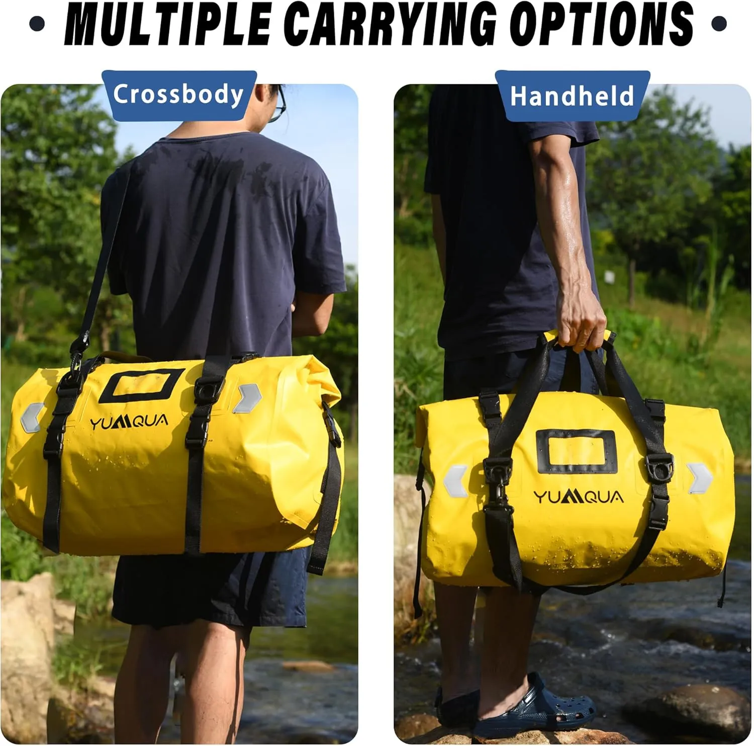 Waterproof Duffel Bag, Large Duffle Bag for Travel Heavy Duty Dry Bag with Durable Strap & Handle for Outdoor Motorcycle Boating Rafting Kayaking Paddleboarding, 40L Capacity after Fold Yellow