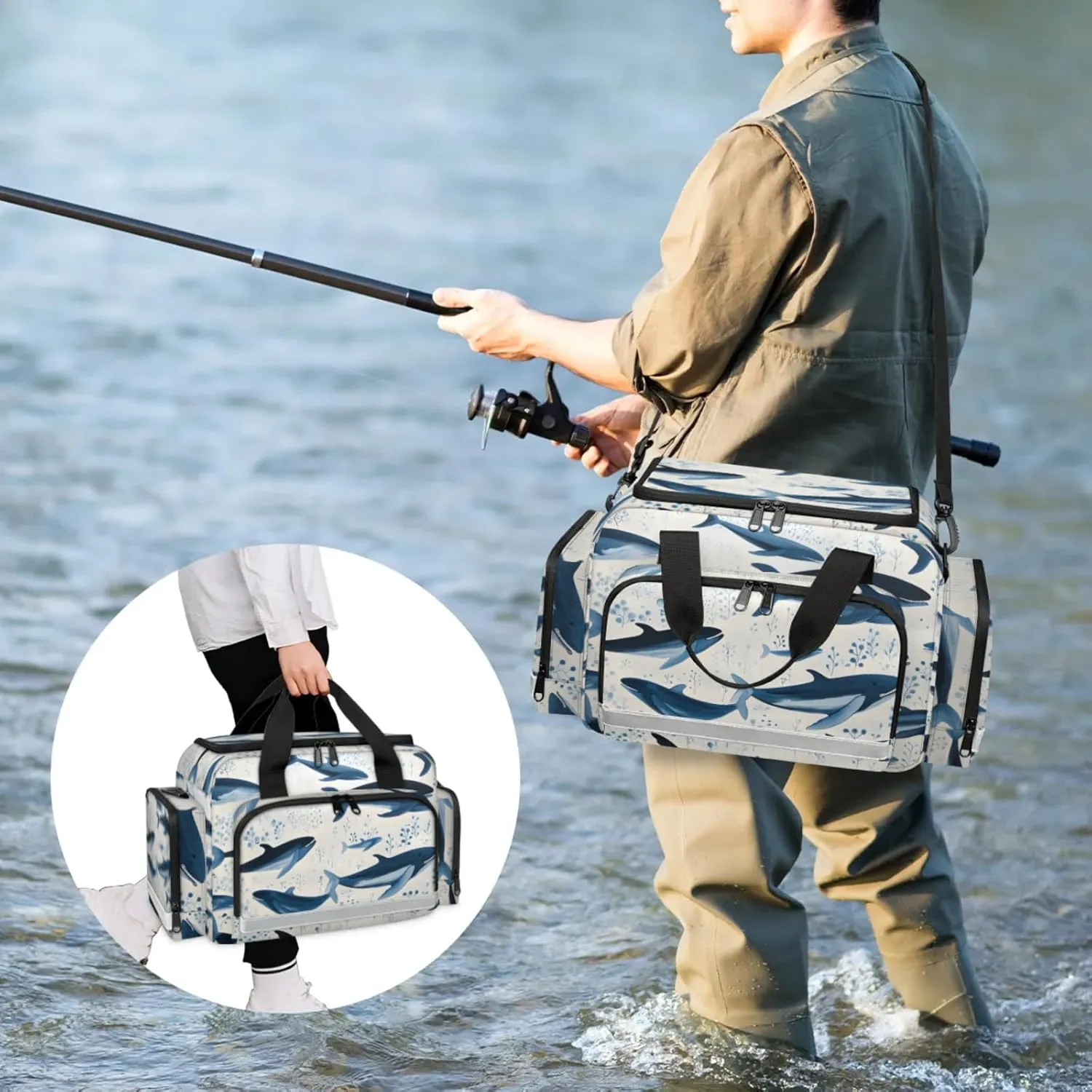Waterproof Tactical Duffle Bag 25" Carry On Bag for EMT Tear-Resistant Gym Bag with Multi-Pocket & OSHA Reflective Travel Bags for Men Women Ocean Shark Print