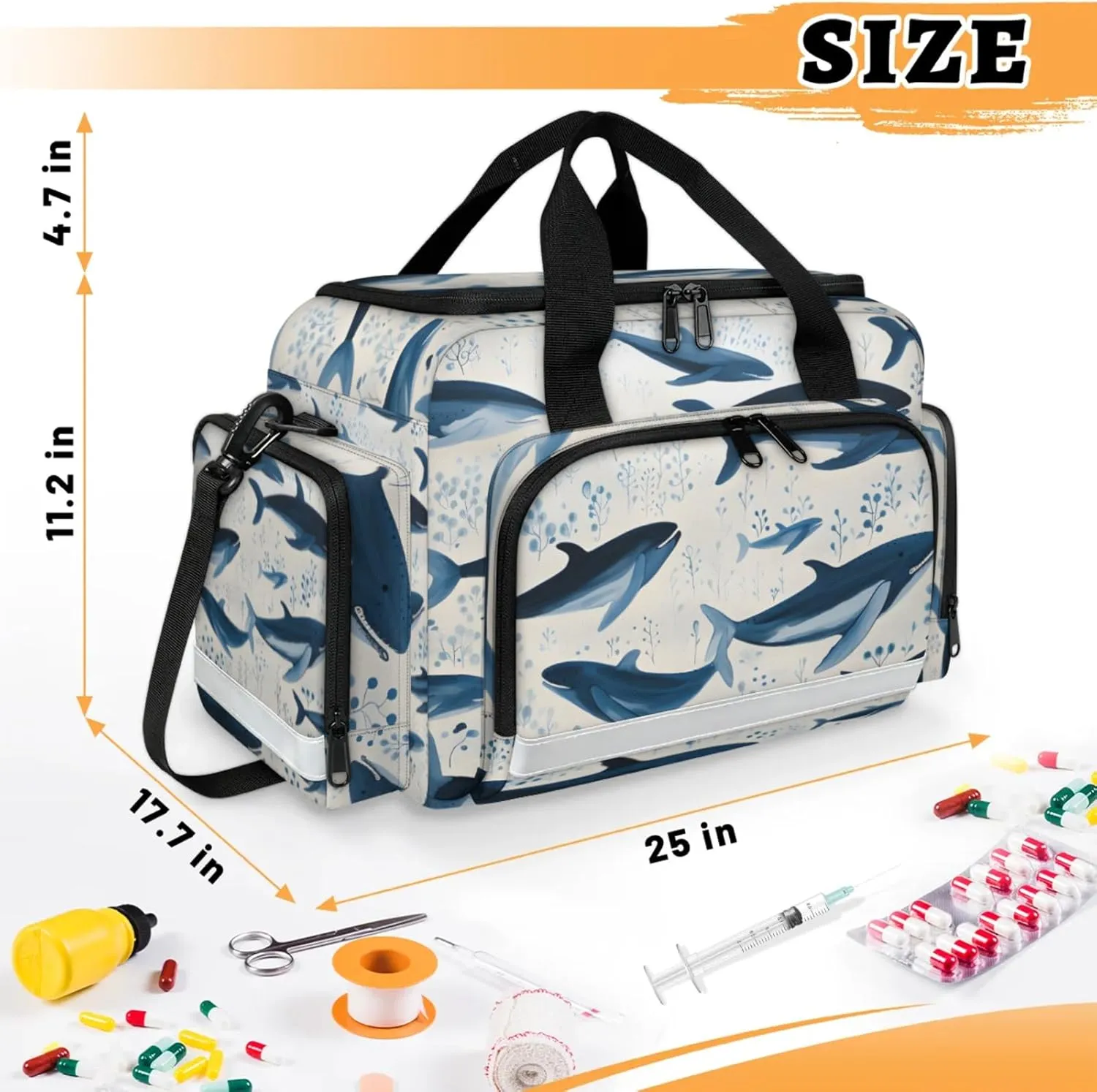 Waterproof Tactical Duffle Bag 25" Carry On Bag for EMT Tear-Resistant Gym Bag with Multi-Pocket & OSHA Reflective Travel Bags for Men Women Ocean Shark Print