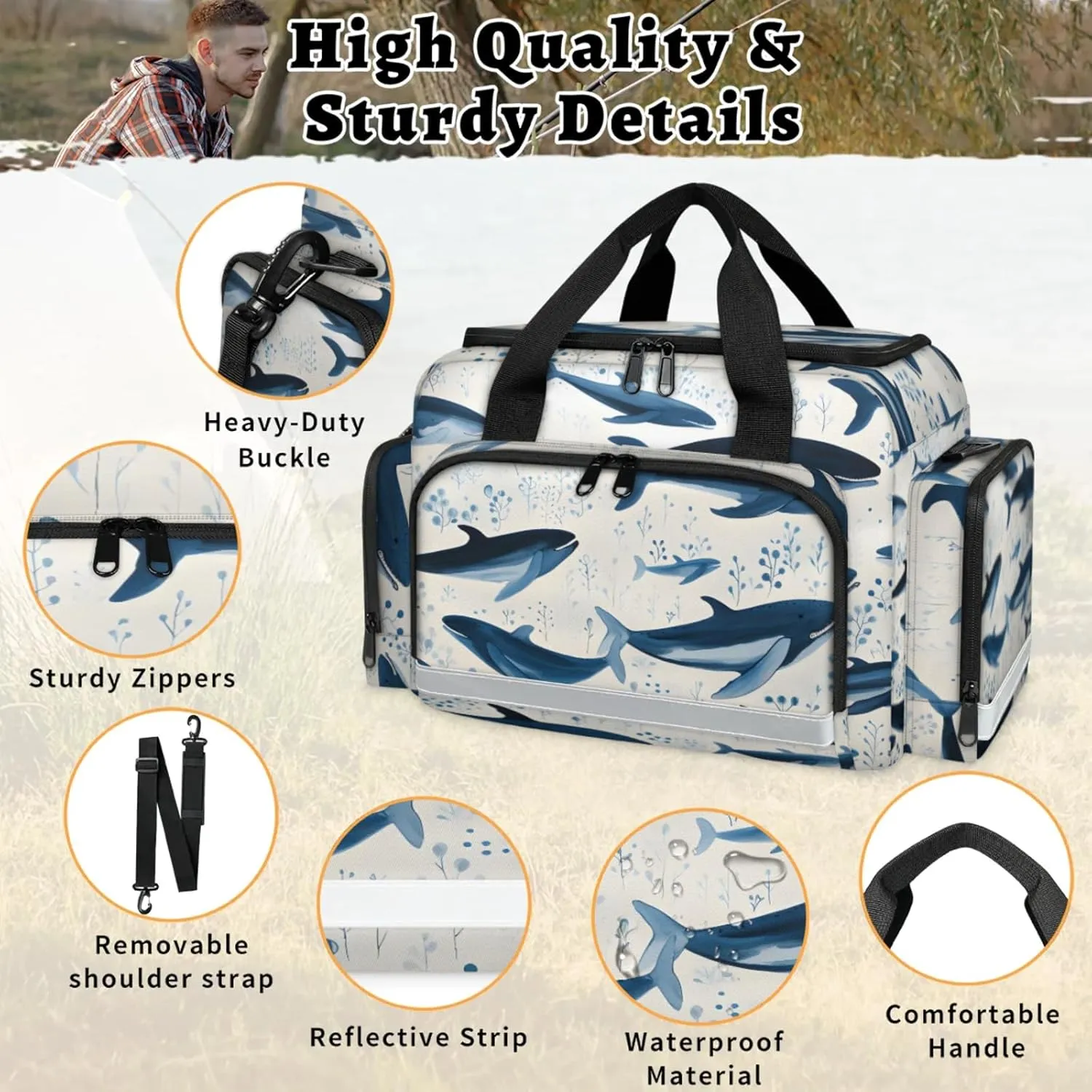 Waterproof Tactical Duffle Bag 25" Carry On Bag for EMT Tear-Resistant Gym Bag with Multi-Pocket & OSHA Reflective Travel Bags for Men Women Ocean Shark Print