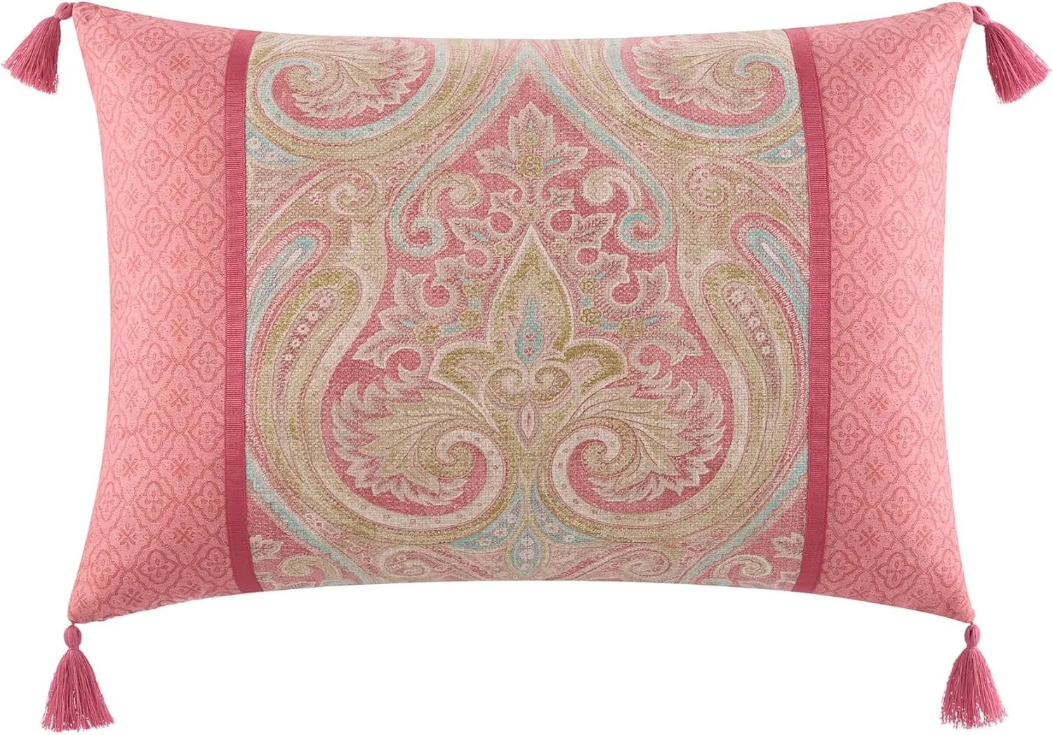 Waverly Hampton Estate Decorative Throw Pillow with Distressed Paisley Design and Tasseled Edges, Cotton Blend Throw Pillows for Couch or Decorative Pillows for Bed, 14 in x 20 in, Rouge