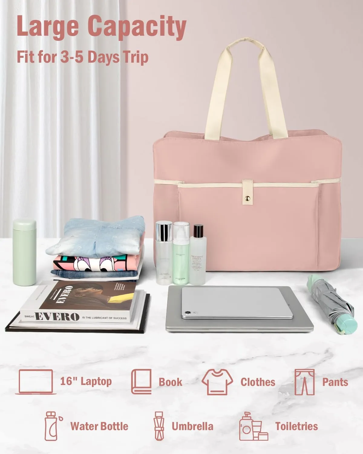 Wedama Weekender Bag for Women, Large Travel Duffel Bag, Portable Travle Bag Carry on Overnight Bag Travel Essentials Bag with Multi Compartments, Sport Gym Bag Hospital Bag with Wet Pocket, Pink