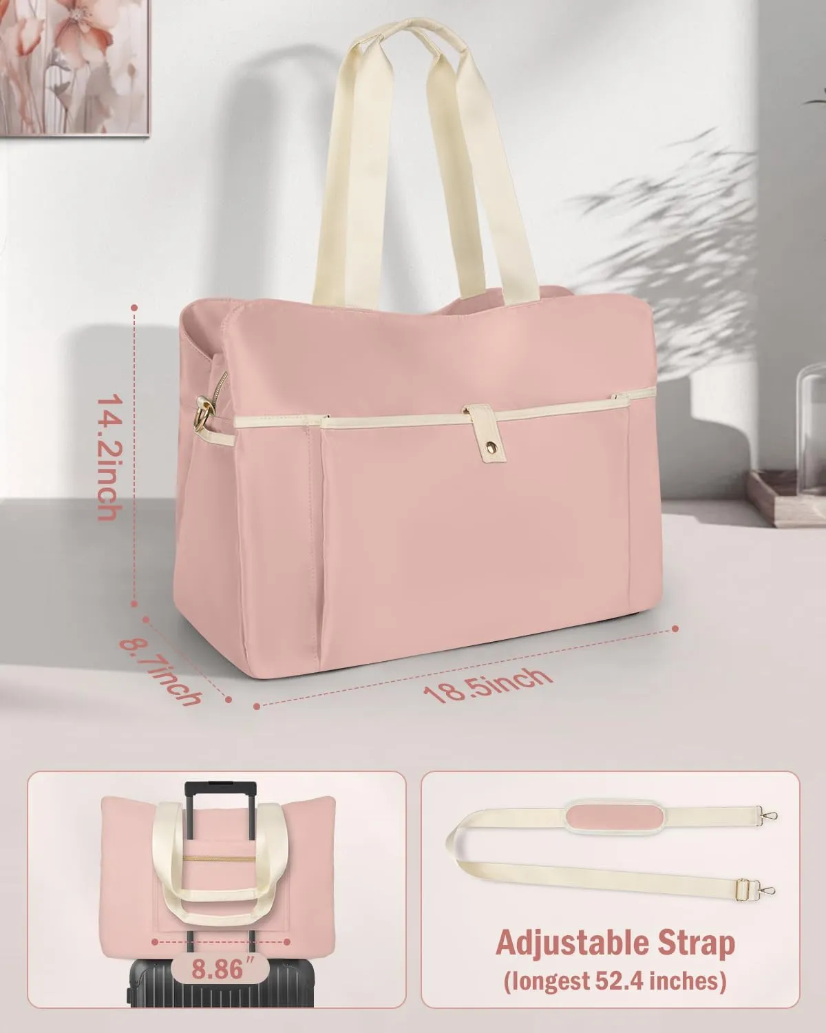 Wedama Weekender Bag for Women, Large Travel Duffel Bag, Portable Travle Bag Carry on Overnight Bag Travel Essentials Bag with Multi Compartments, Sport Gym Bag Hospital Bag with Wet Pocket, Pink