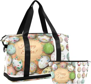 Weekender Overnight Bags for Women Easter Eggs on The Wooden Travel Duffel Bag with Shoe Compartments Gym Duffel Bag with Toiletry Bag for Travel Sport Yoga 17 Inch