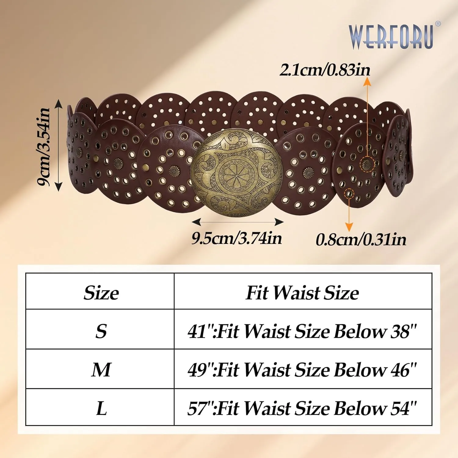 WERFORU Women Vintage Leather Belt Western Disc Waist Belts Ladies Western Belt Boho Belt for Dress Jean-