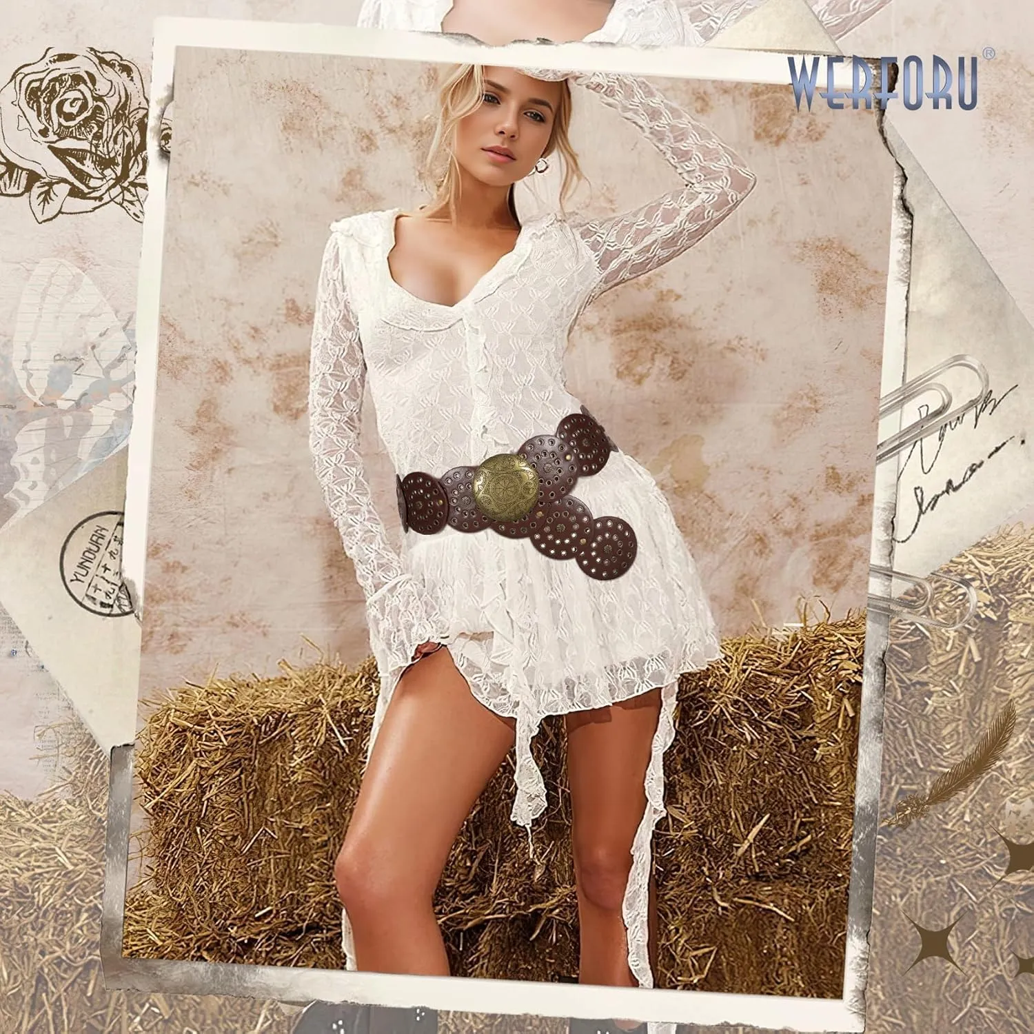 WERFORU Women Vintage Leather Belt Western Disc Waist Belts Ladies Western Belt Boho Belt for Dress Jean-