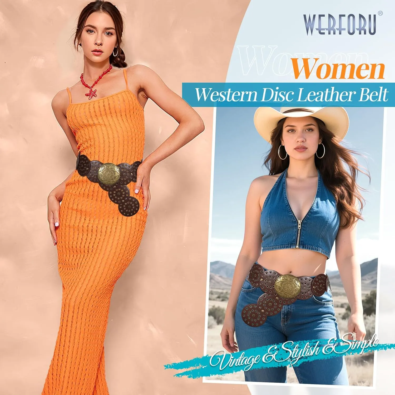 WERFORU Women Vintage Leather Belt Western Disc Waist Belts Ladies Western Belt Boho Belt for Dress Jean-