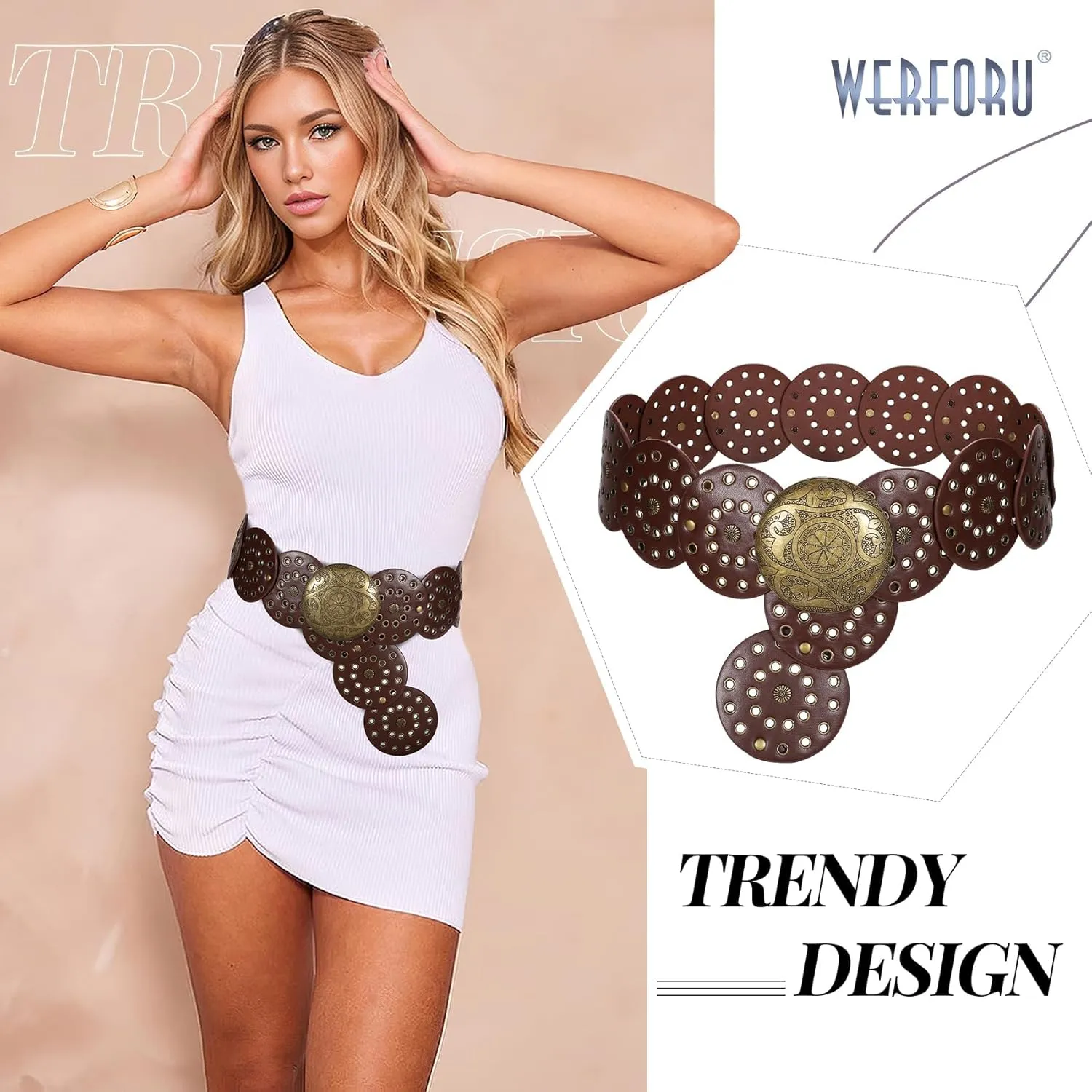 WERFORU Women Vintage Leather Belt Western Disc Waist Belts Ladies Western Belt Boho Belt for Dress Jean-