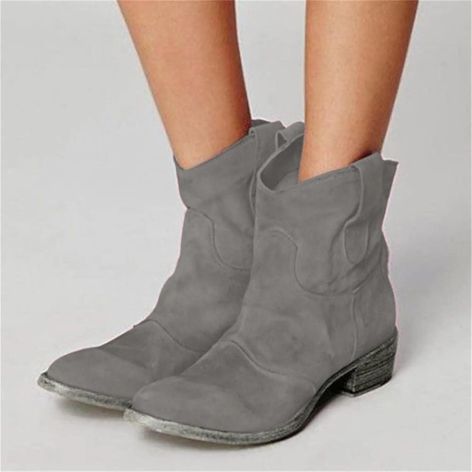 Western Cowboy Ankle Boots for Women,Low Heel Mid Calf Cowgirl Boots Slip On Round Toe Chunky Heel Fashion Retro Classic Boots Suede Back Zipper Fall Short Ankle Booties