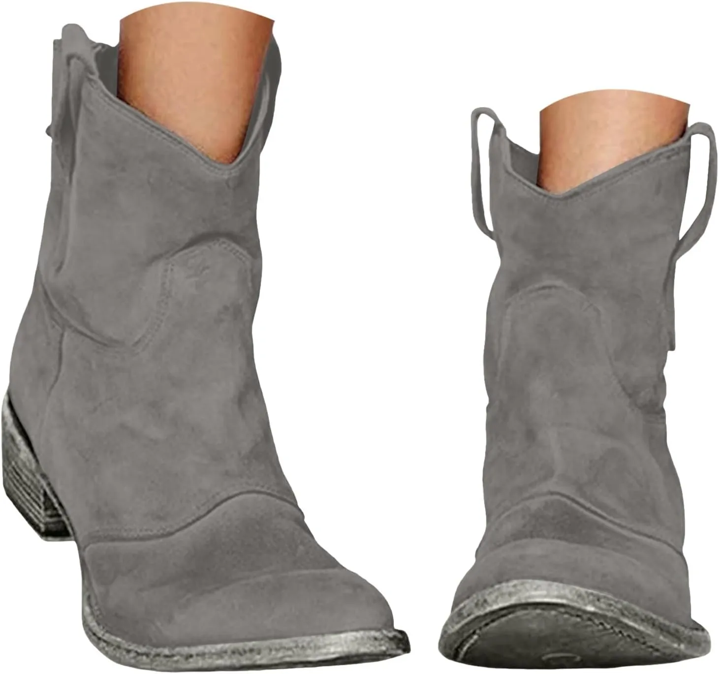 Western Cowboy Ankle Boots for Women,Low Heel Mid Calf Cowgirl Boots Slip On Round Toe Chunky Heel Fashion Retro Classic Boots Suede Back Zipper Fall Short Ankle Booties