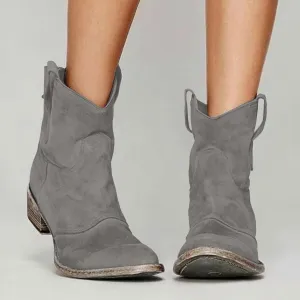 Western Cowboy Ankle Boots for Women,Low Heel Mid Calf Cowgirl Boots Slip On Round Toe Chunky Heel Fashion Retro Classic Boots Suede Back Zipper Fall Short Ankle Booties