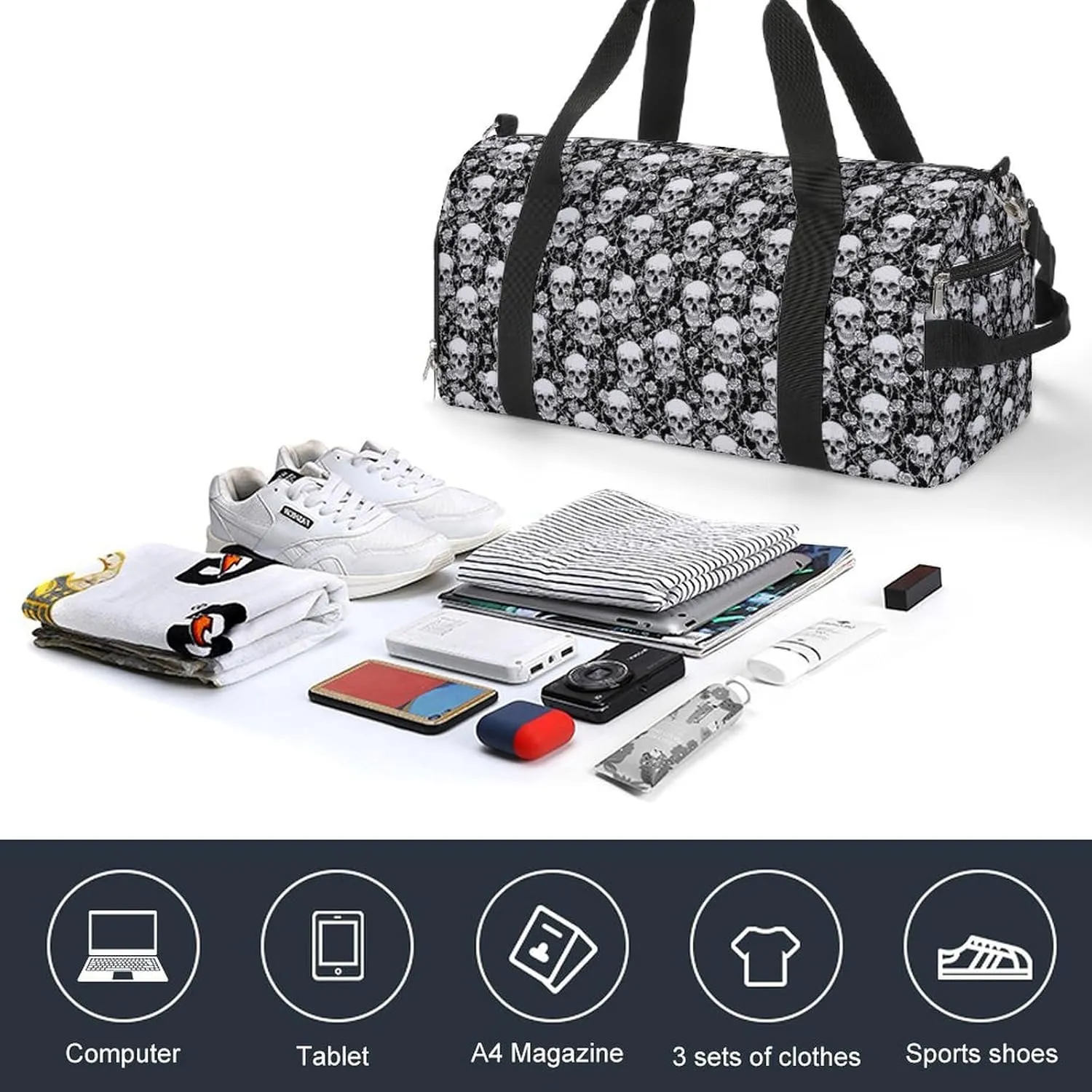 White Skull Sport Gym Duffle Travel Bag with Shoe Compartment,Wet Pocket for Men and Women