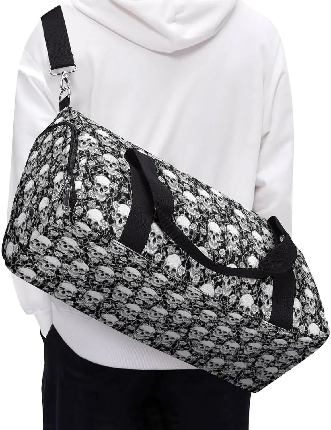 White Skull Sport Gym Duffle Travel Bag with Shoe Compartment,Wet Pocket for Men and Women