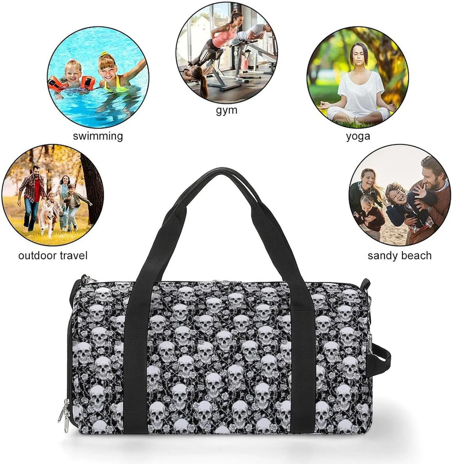 White Skull Sport Gym Duffle Travel Bag with Shoe Compartment,Wet Pocket for Men and Women