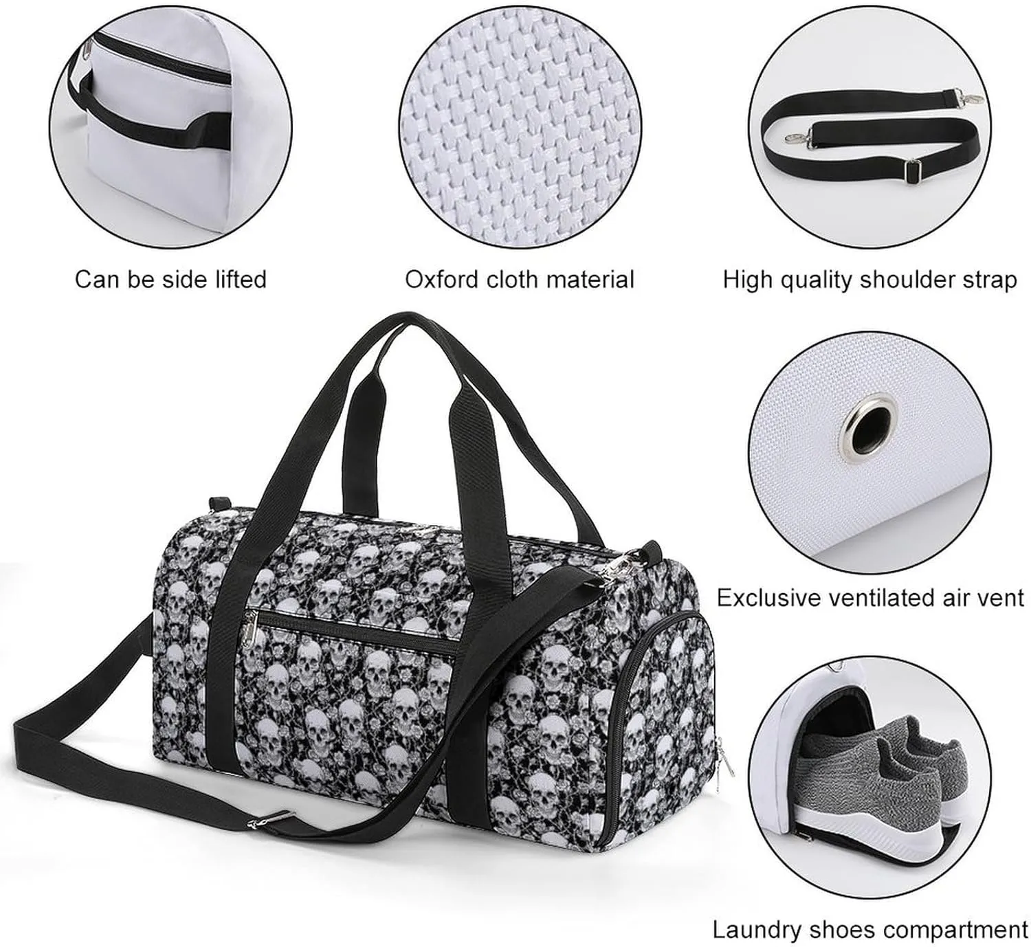 White Skull Sport Gym Duffle Travel Bag with Shoe Compartment,Wet Pocket for Men and Women