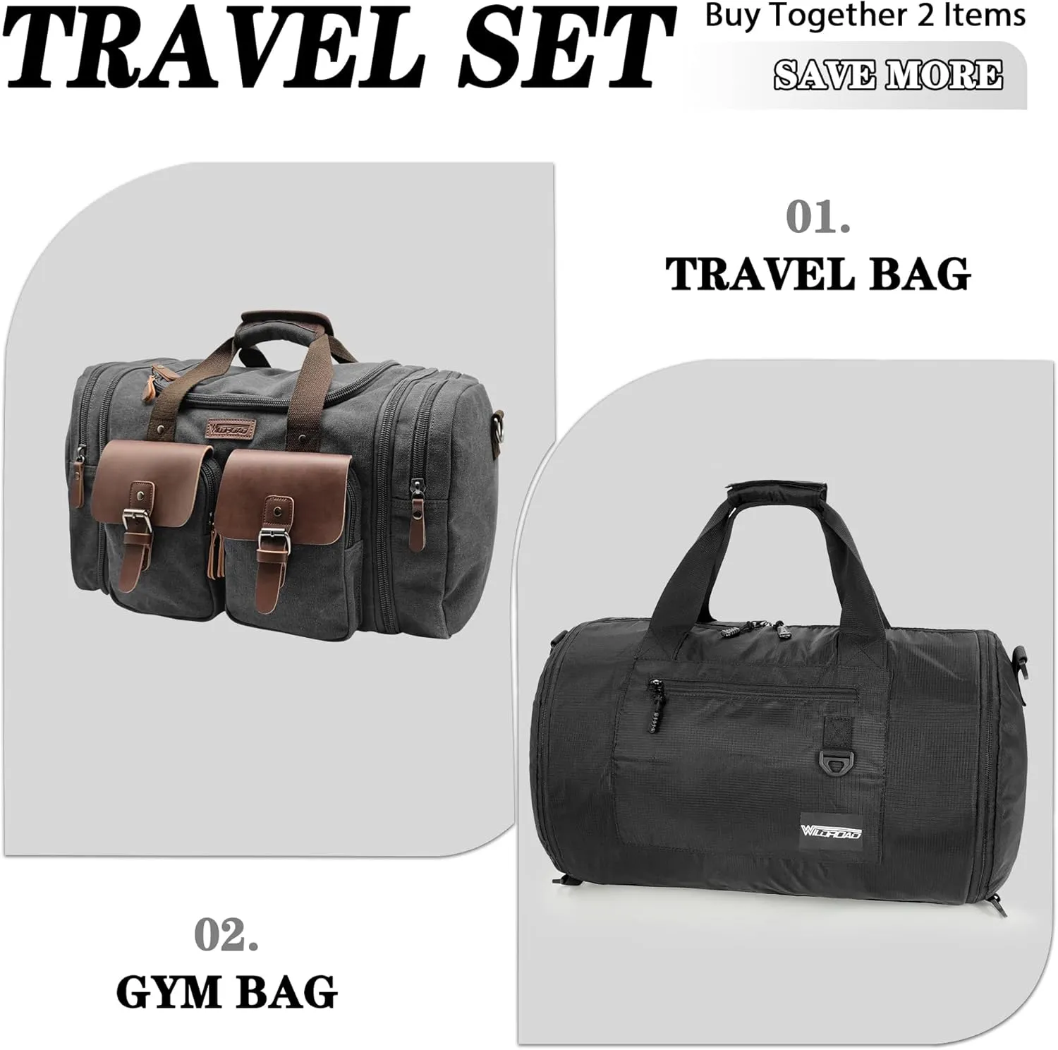 Wildroad Travel Bags for Men, Gym Bag & Duffle Bag for Travel, Carry on Bag Duffel Bag 3 IN 1 Expandable Overnight Weekender Bag (Black, Large-50L  Gym Bag)