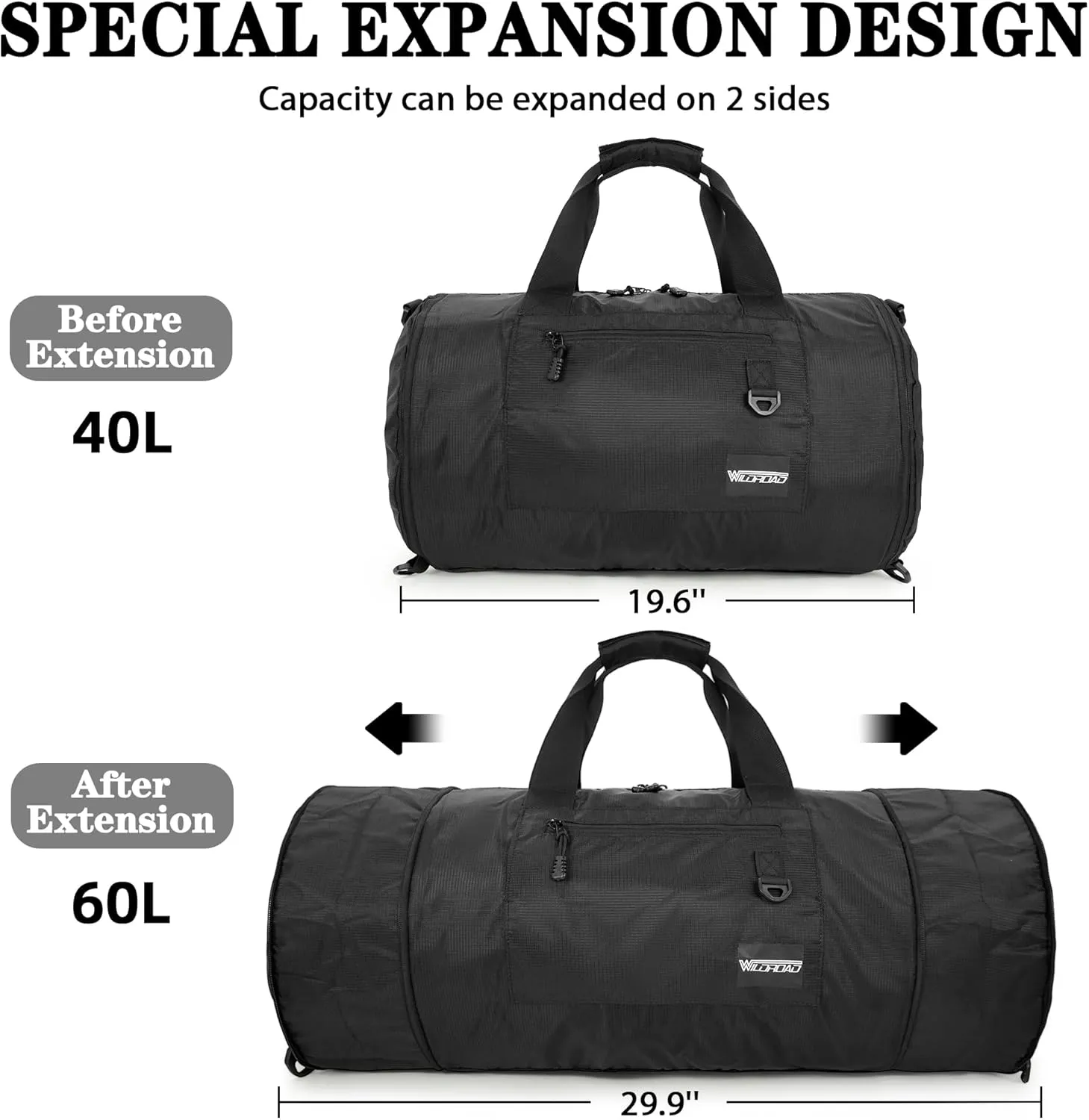 Wildroad Travel Bags for Men, Gym Bag & Duffle Bag for Travel, Carry on Bag Duffel Bag 3 IN 1 Expandable Overnight Weekender Bag (Black, Large-50L  Gym Bag)