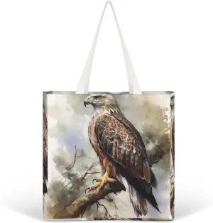 with Hawk Sitting In The Tree Printed Canvas Tote Bags,Extra Large Shoulder Tote Bag,Lightweight Daily Bag Book Bag,Reusable Grocery Bags