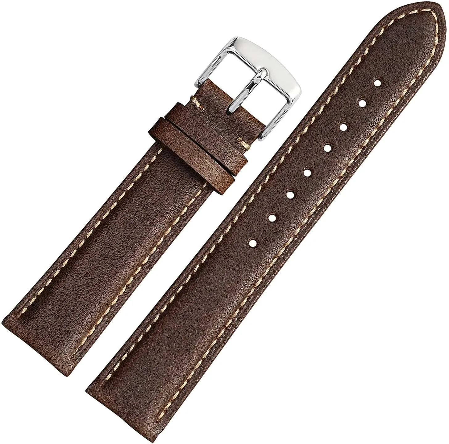 WOCCI 20mm Vintage Leather Watch Band for Men and Women, Silver Buckle (Dark Brown/Contrasting Stitch)